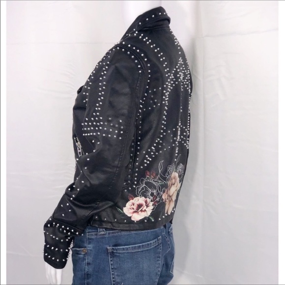 Blank NYC Black Stud Floral Vegan Leather Moto SzS - Picture 9 of 15